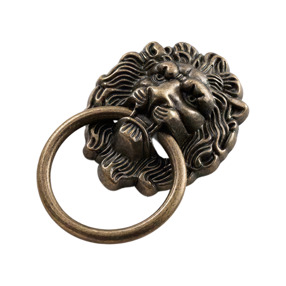 Bronze-tone lion-head ring pull with a circular drop ring, option No. 1.