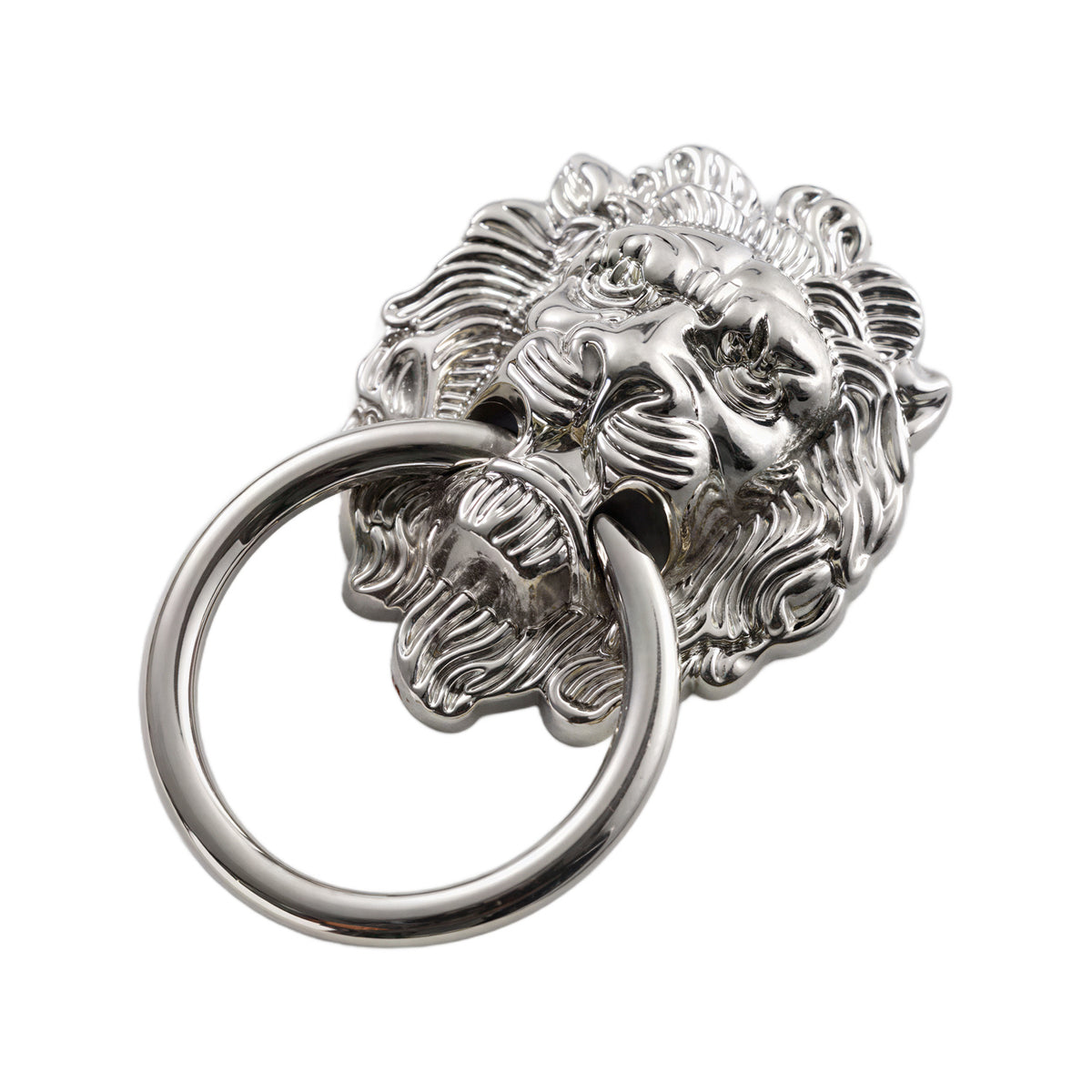 Silver-tone lion-head ring pull with a circular drop ring, option No. 2.
