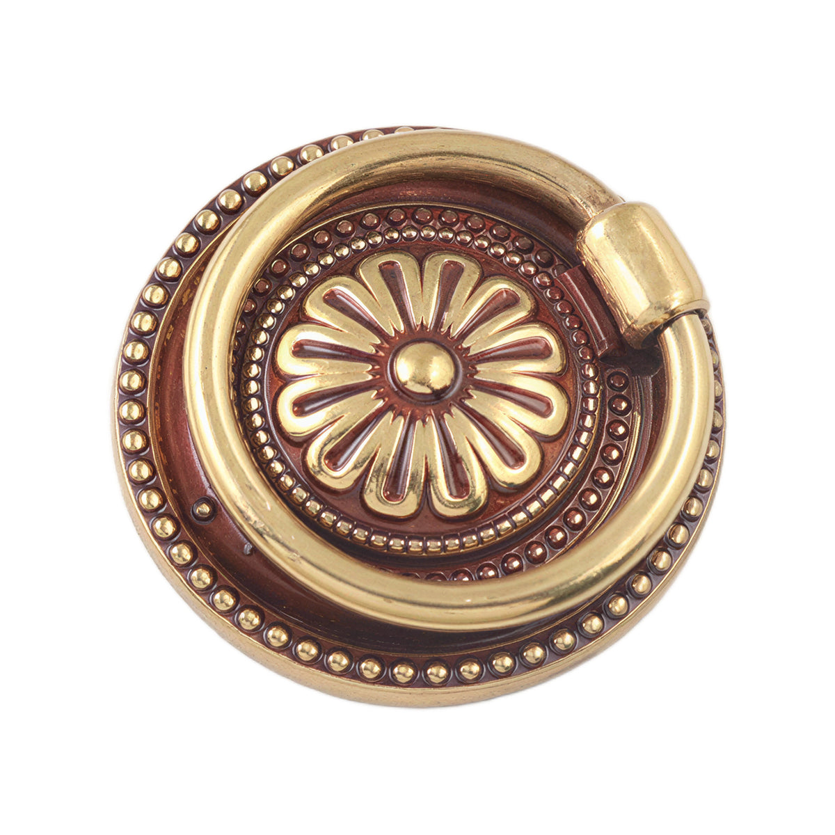 Old gold-tone floral ring pull with a round beaded backplate, 30 mm.