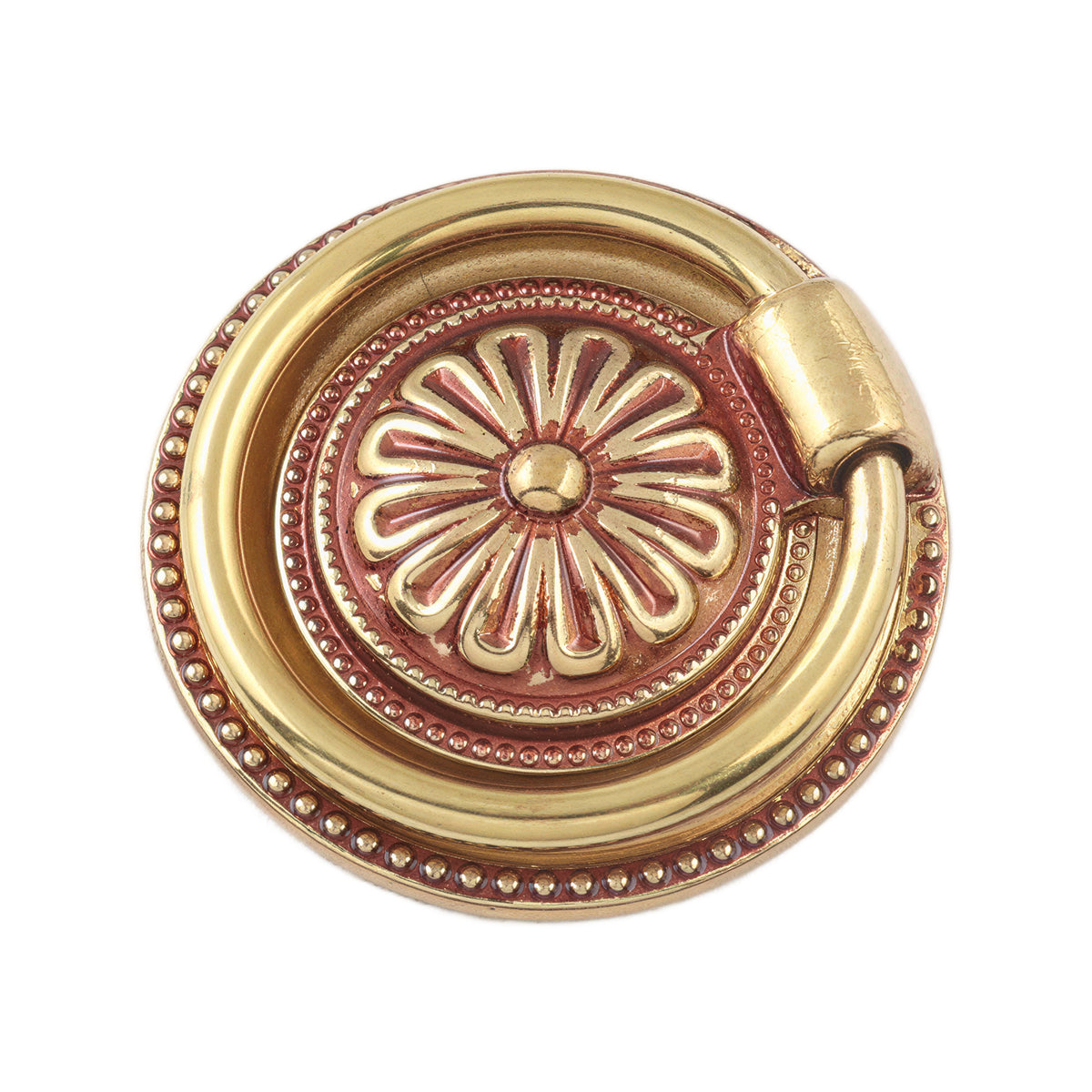Old gold-tone floral ring pull with a round beaded backplate, 45 mm.