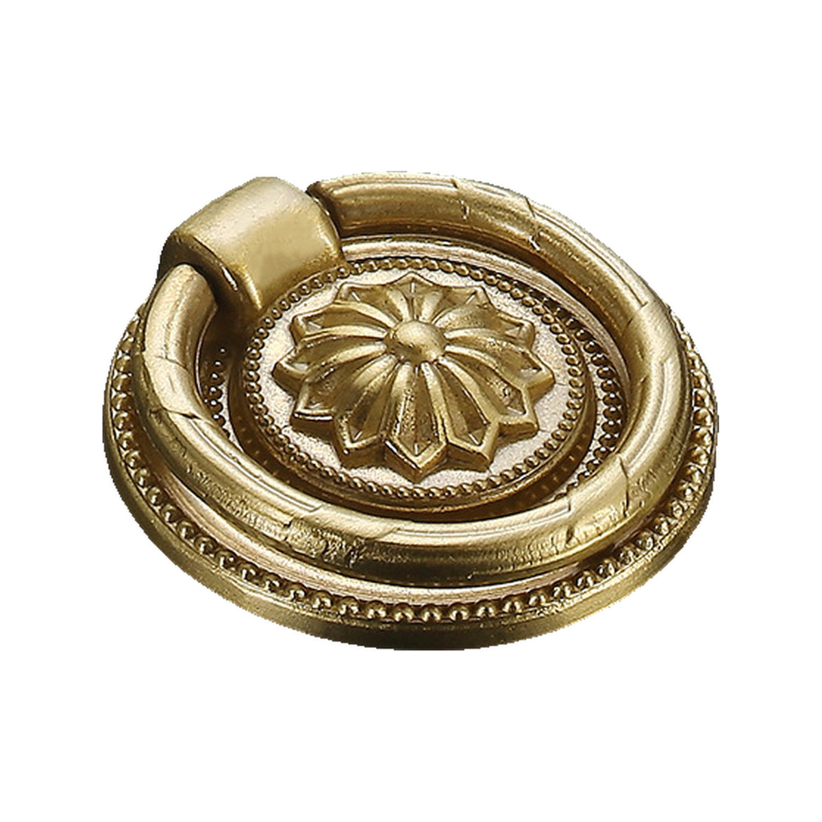 Round gold-tone ring pull with a raised floral center, option #10.
