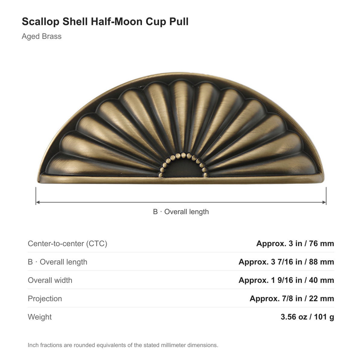 Dimensions of the scallop shell half-moon cup pull in Aged Brass: 76 mm center-to-center, 88 mm long, 40 mm wide and 22 mm projection.