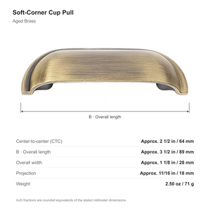 Dimensions of the soft-corner cup pull in Aged Brass: 64 mm center-to-center, 89 mm long, 28 mm wide and 18 mm projection.