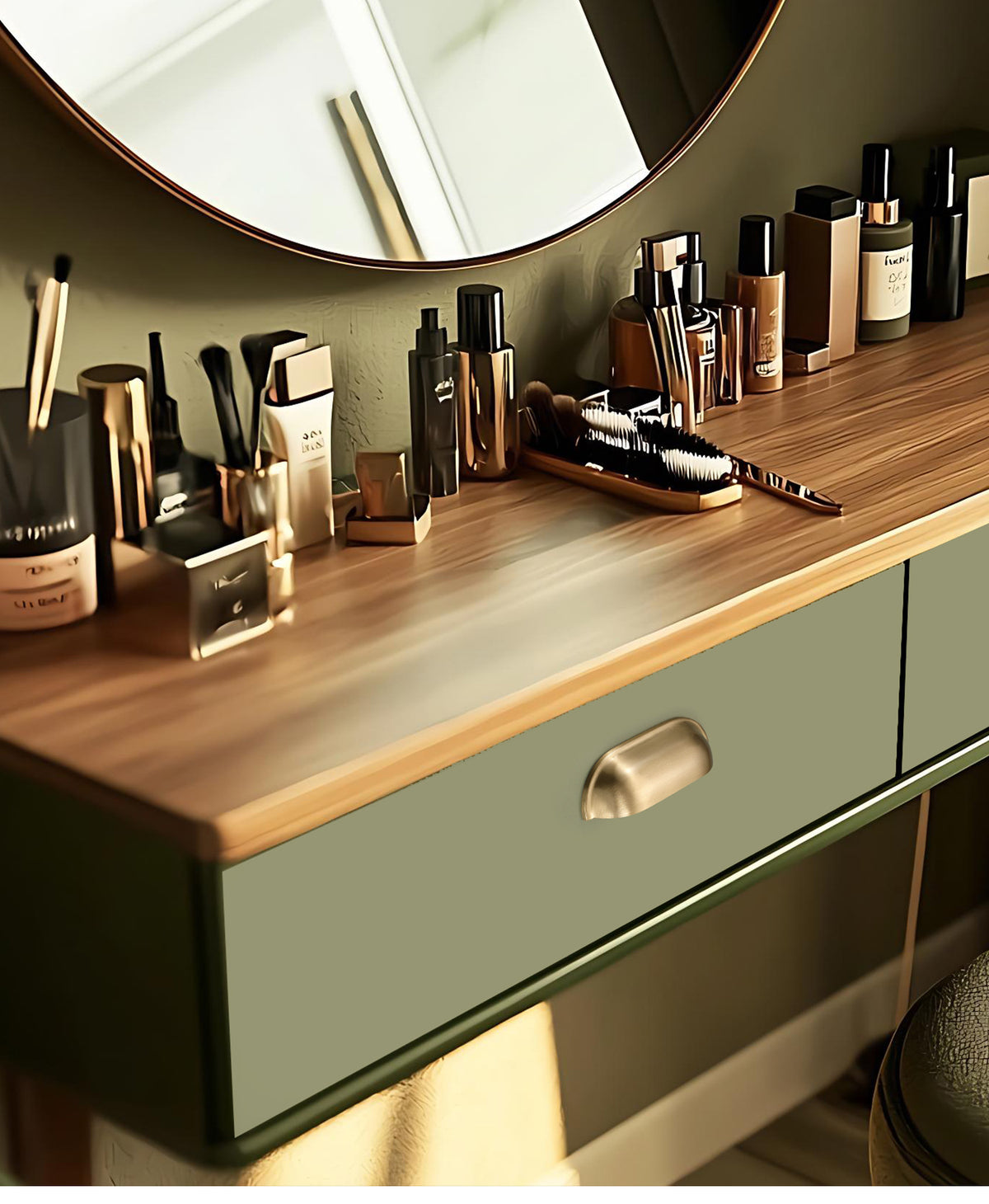Solid brass soft-corner cup pull in Aged Brass on a green dressing-table drawer.
