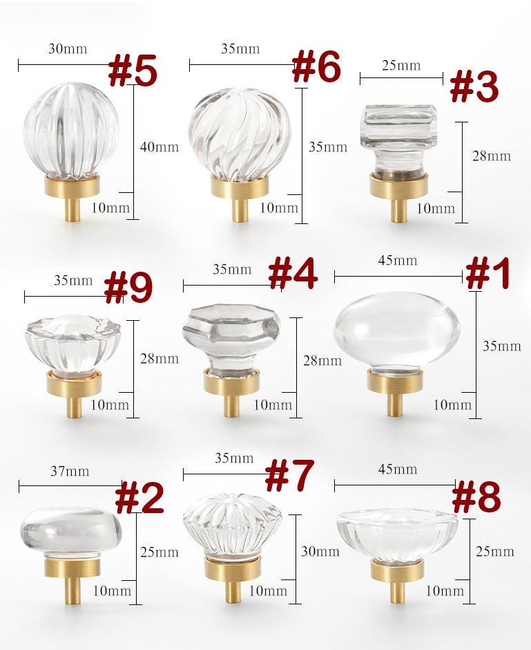 Solid Brass Crystal Cabinet Pulls & Knobs - Brass/Clear Finish - #1 Champagne / 1pc