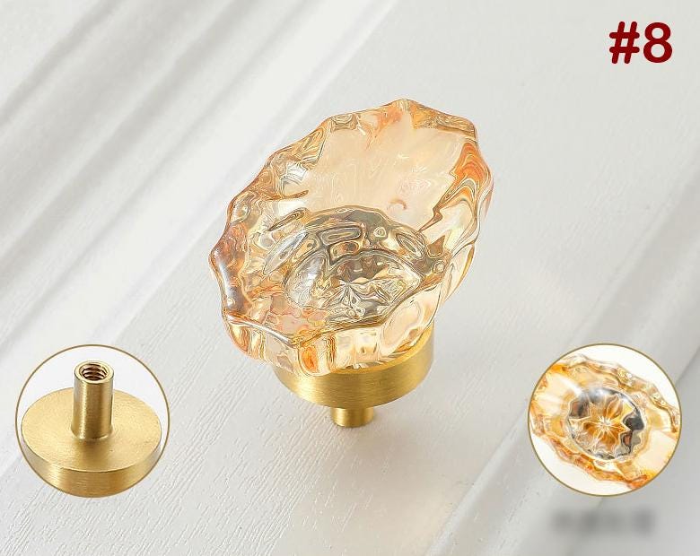 Solid Brass Crystal Cabinet Pulls & Knobs - Brass/Clear Finish - #3 Champagne / 1pc