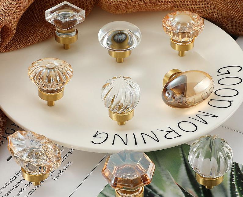 Solid Brass Crystal Cabinet Pulls & Knobs - Brass/Clear Finish - #5 Clear / 1pc