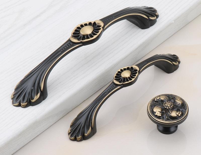 Solid Brass Floral Cabinet Pulls & Knobs - Brushed Gold Finish - #7 / 1pc