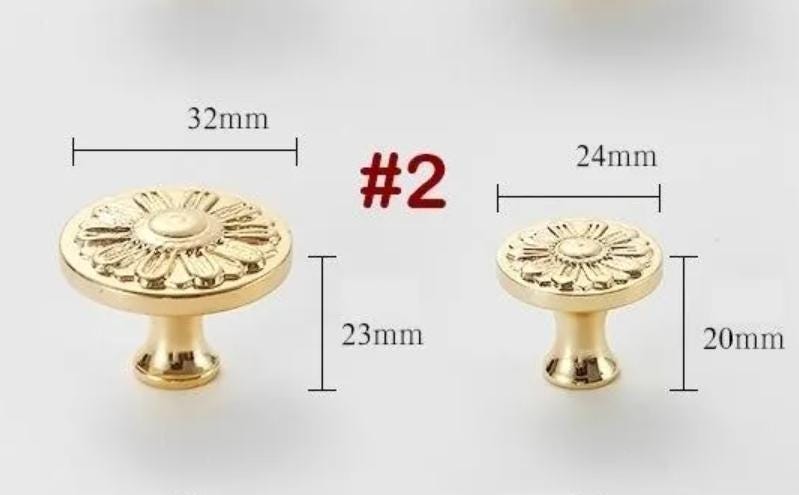 Solid Brass Floral Cabinet Pulls & Knobs - Gold Finish for Cabinets - #2 32mm / 1pc