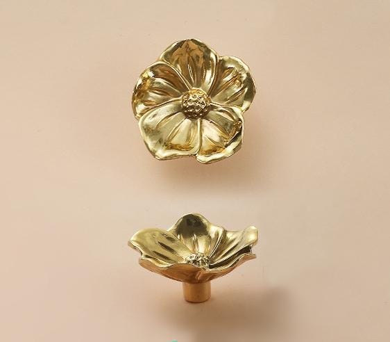 Solid Brass Floral Cabinet Pulls & Knobs - Gold Finish for Cabinets - #2 / 1pc