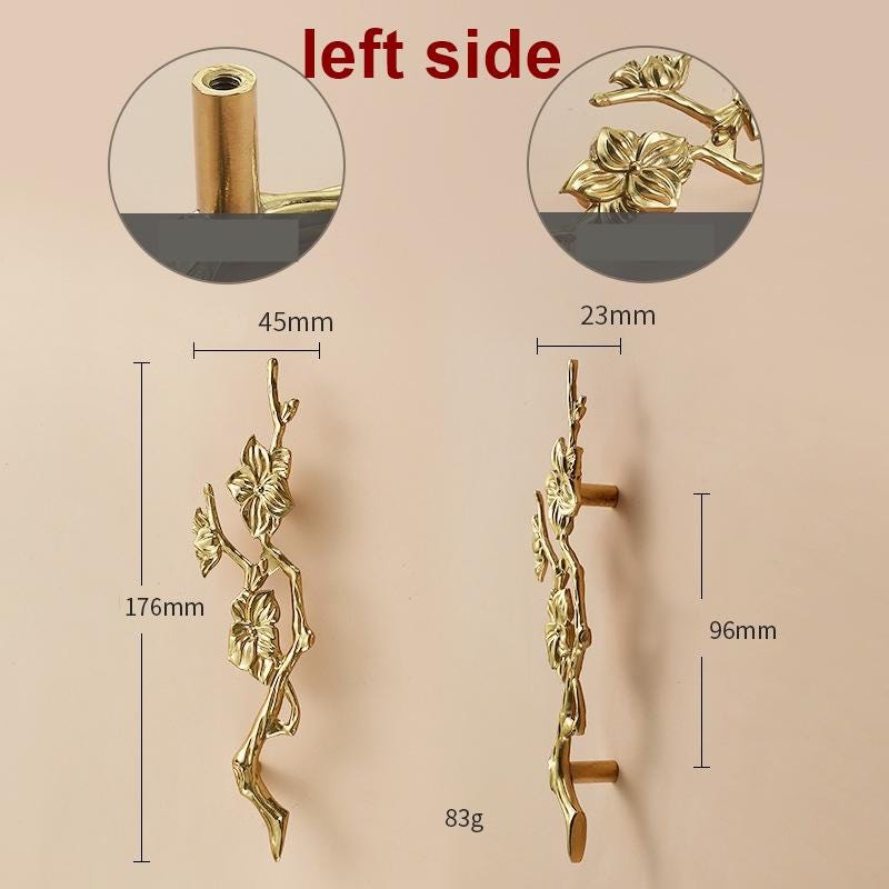 Solid Brass Floral Cabinet Pulls & Knobs - Gold Finish for Cabinets - #13 right side / 1pc