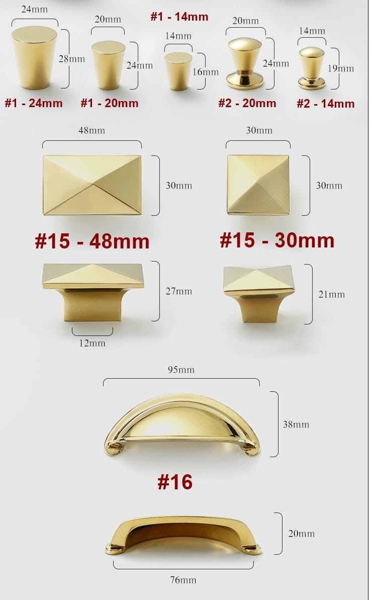 Solid Brass Geometric Cabinet Pulls & Knobs - Gold Finish Hardware - #1 - 24mm / 1pc