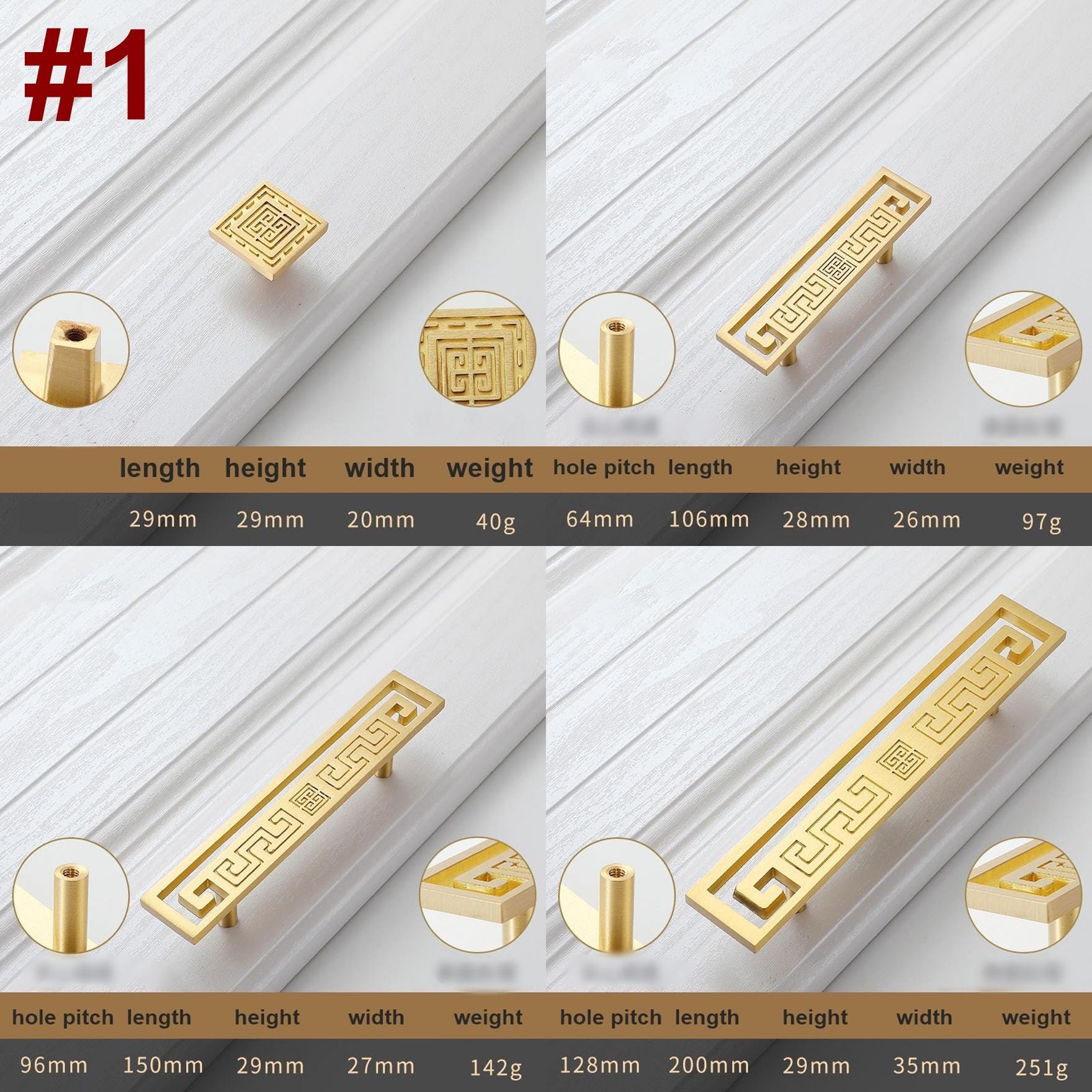 Solid Brass Geometric Cabinet Ring Pulls - Matte Gold Finish - #1 - 64mm / 1pc