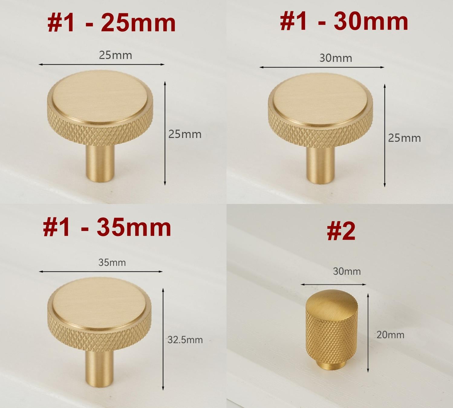 Solid Brass Knurled Cabinet Pulls & Knobs - Brushed Gold Finish - #1 - 30mm / 1pc