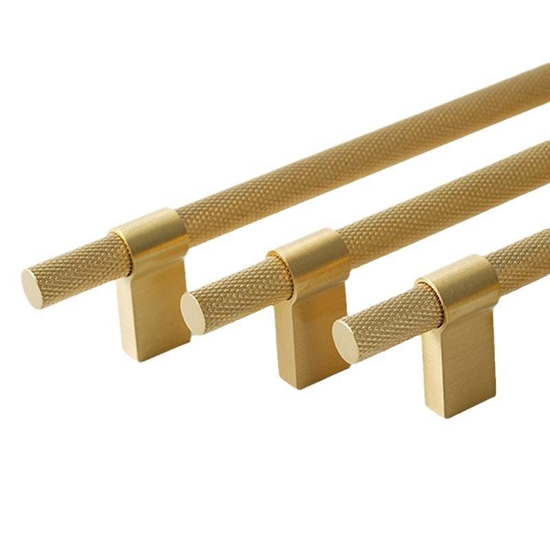 Solid Brass Knurled Cabinet Pulls & Knobs - Brushed Gold Finish - #5 T-Shape / 1pc