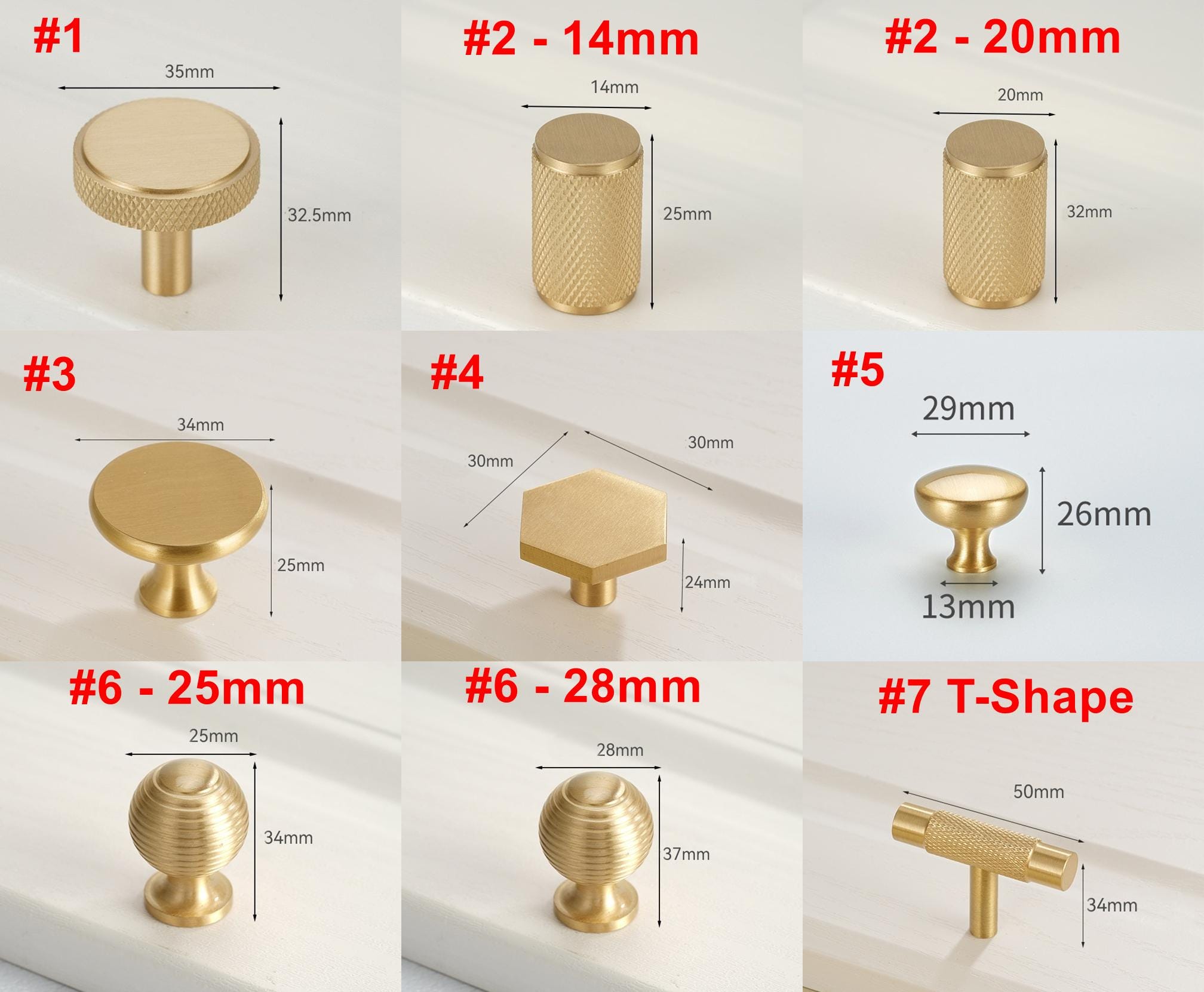 Solid Brass Knurled Cabinet Pulls & Knobs - Gold Finish Hardware - #2 - 14mm / 1pc