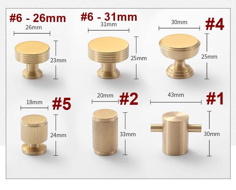 Solid Brass Knurled Cabinet Pulls & Knobs - Matte Gold Finish - #2 / 1pc