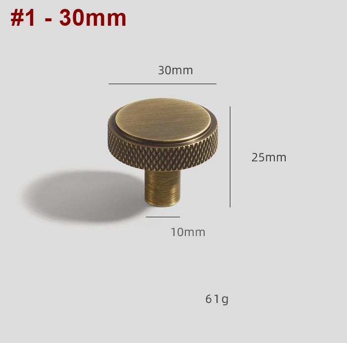 Solid Brass Knurled Cabinet Pulls & Knobs - Mid-Century Hardware - #1 - 35mm / 1pc