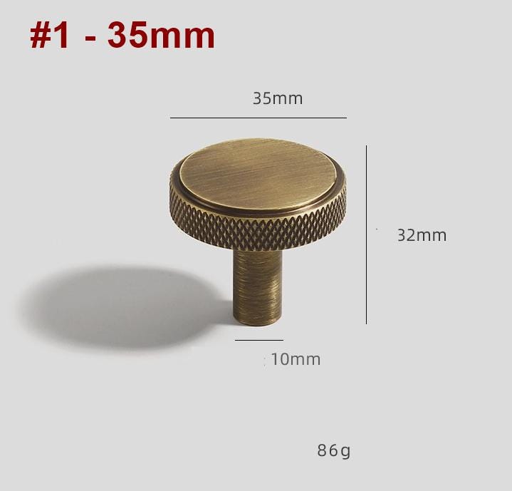 Solid Brass Knurled Cabinet Pulls & Knobs - Mid-Century Hardware - #2 T-Shape / 1pc