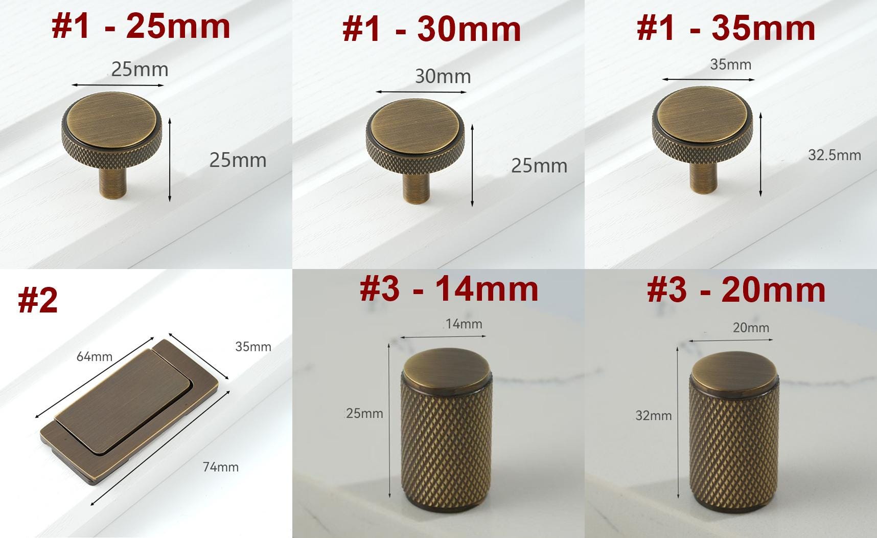 Solid Brass Knurled Flush Cabinet Pulls - Antique Bronze Finish - #1 - 30mm / 1pc