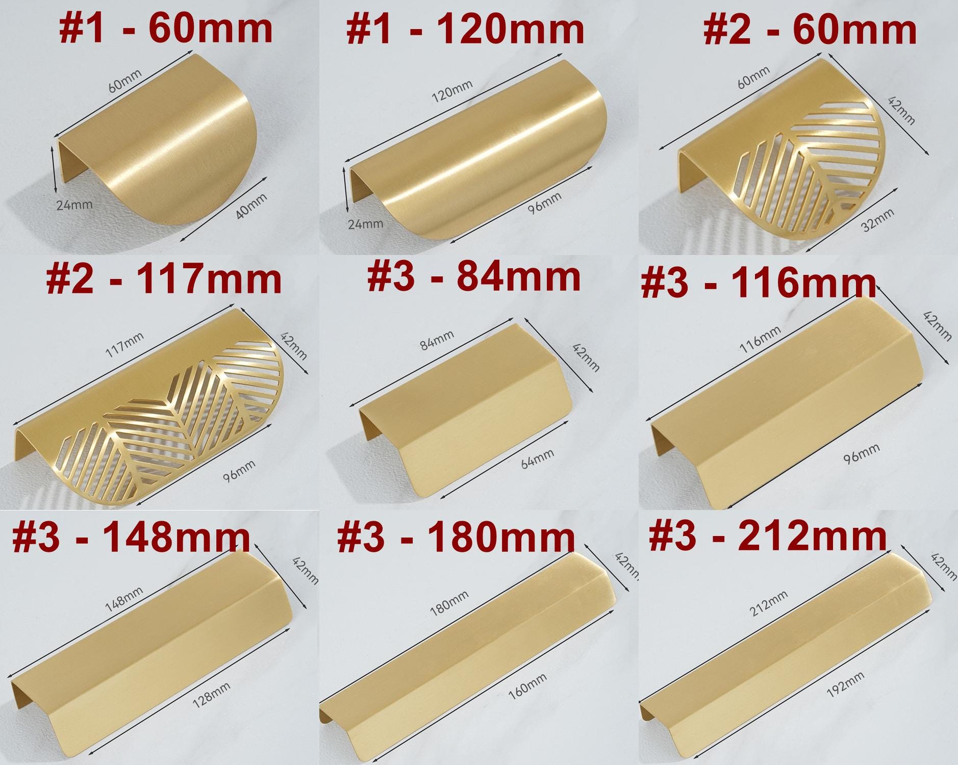 Solid Brass Leaf Cabinet Edge Pulls - Gold Finish for Wardrobes - #1 - 120mm / 1pc