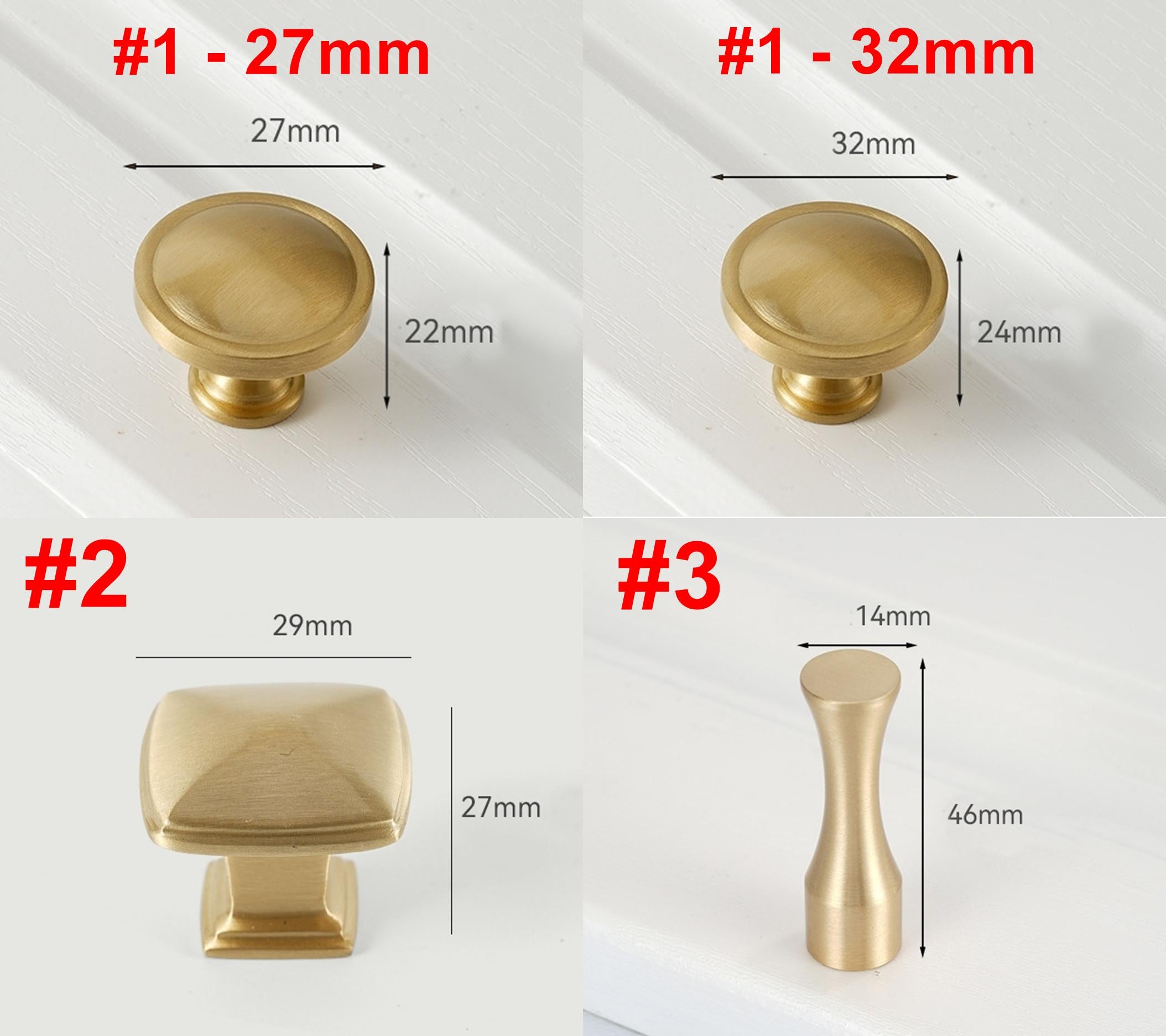 Solid Brass Minimalist Cabinet Pulls & Knobs - Brushed Gold Finish - #1 - 32mm / 1pc