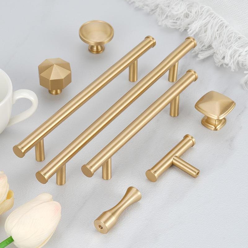 Solid Brass Minimalist Cabinet Pulls & Knobs - Brushed Gold Finish - #4 T-Shape / 1pc