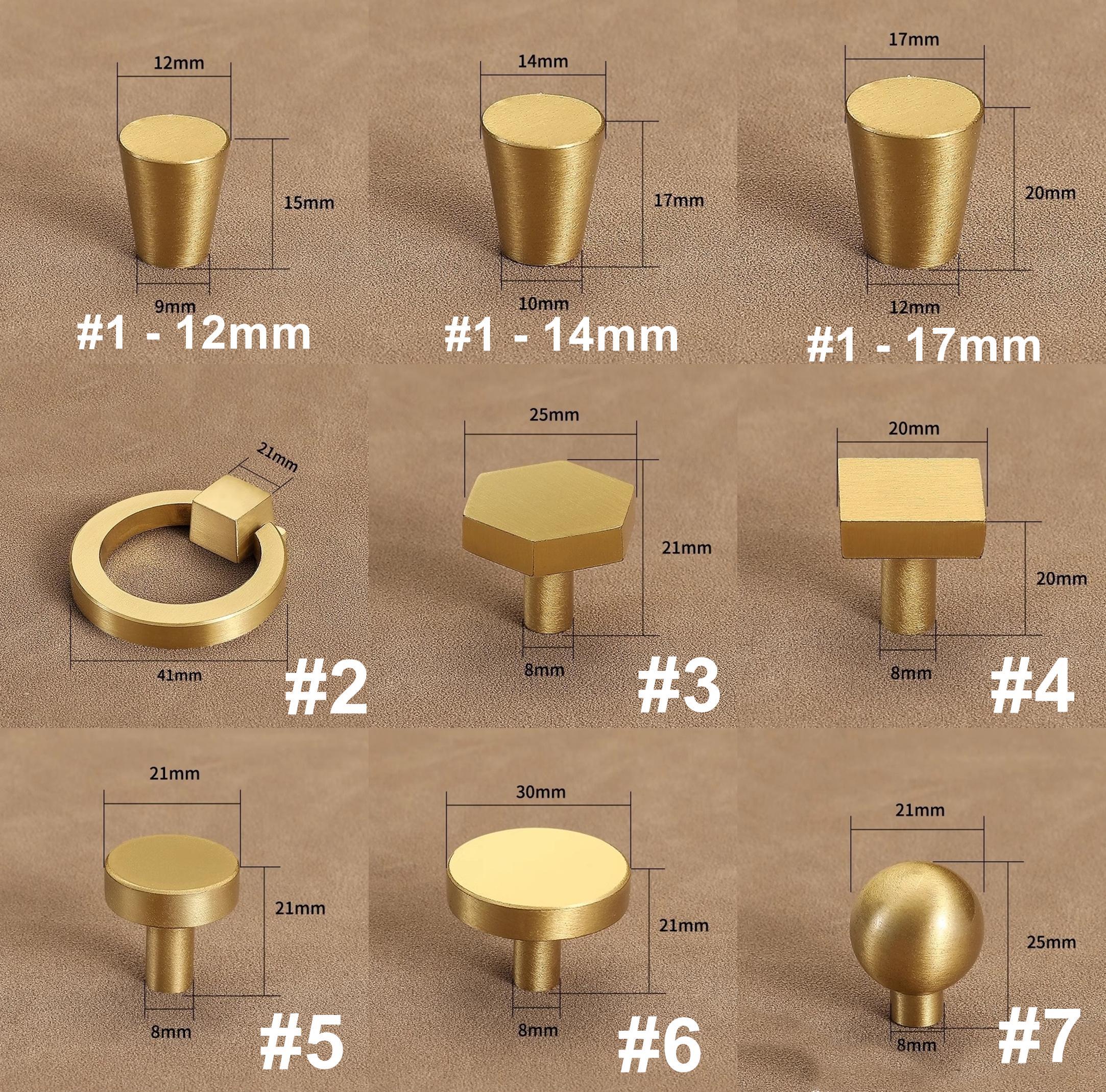 Solid Brass Round Cabinet Pulls & Knobs - Brushed Gold Finish - #1 - 14mm / 1pc