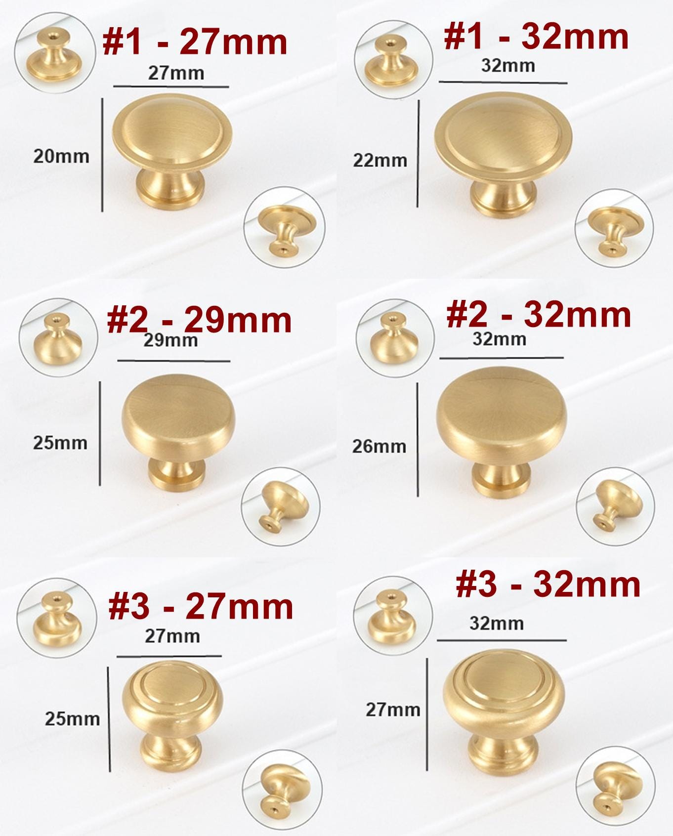 Solid Brass Round Cabinet Pulls & Knobs - Brushed Gold Finish - #1 - 32mm / 1pc