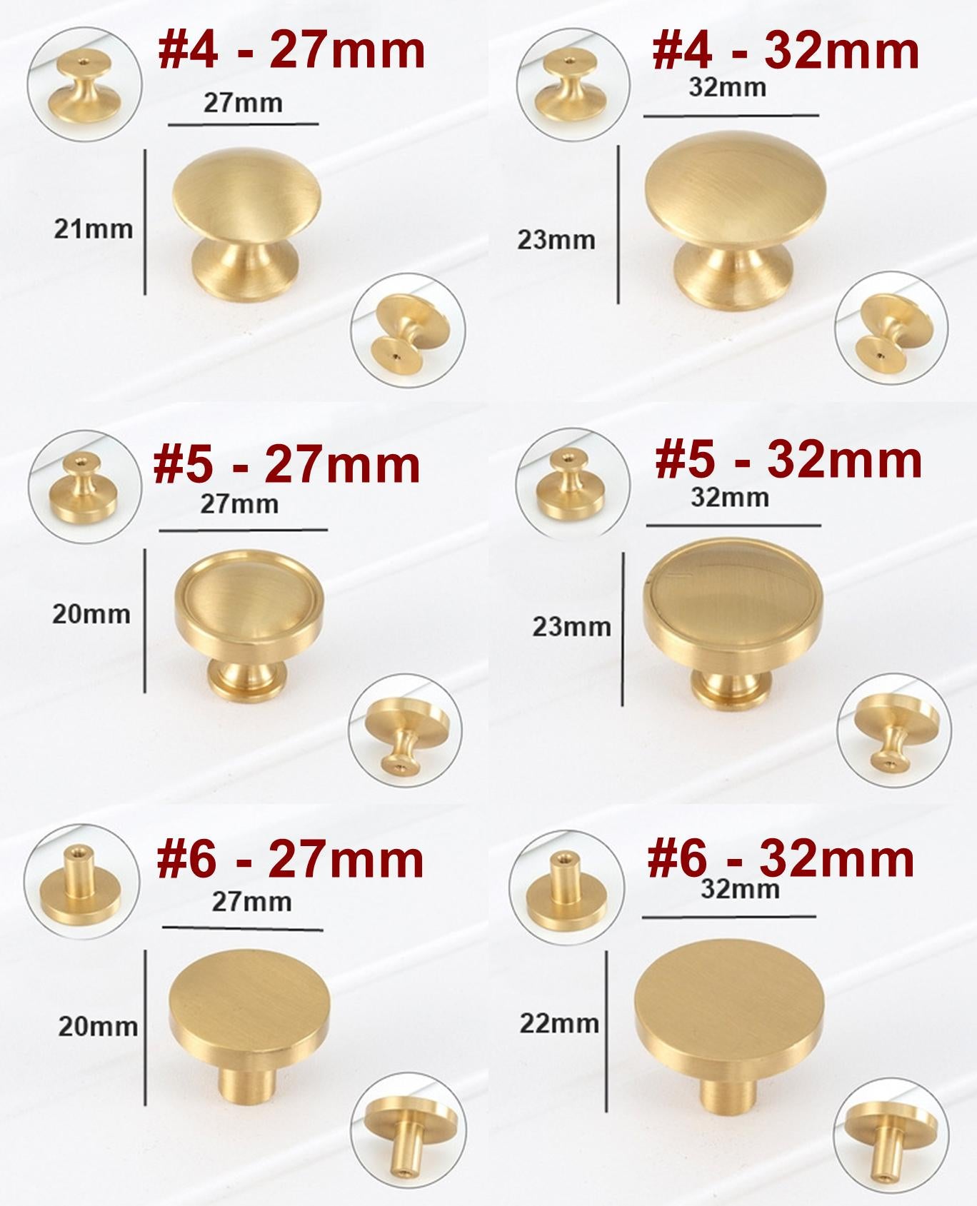 Solid Brass Round Cabinet Pulls & Knobs - Brushed Gold Finish - #2 - 29mm / 1pc
