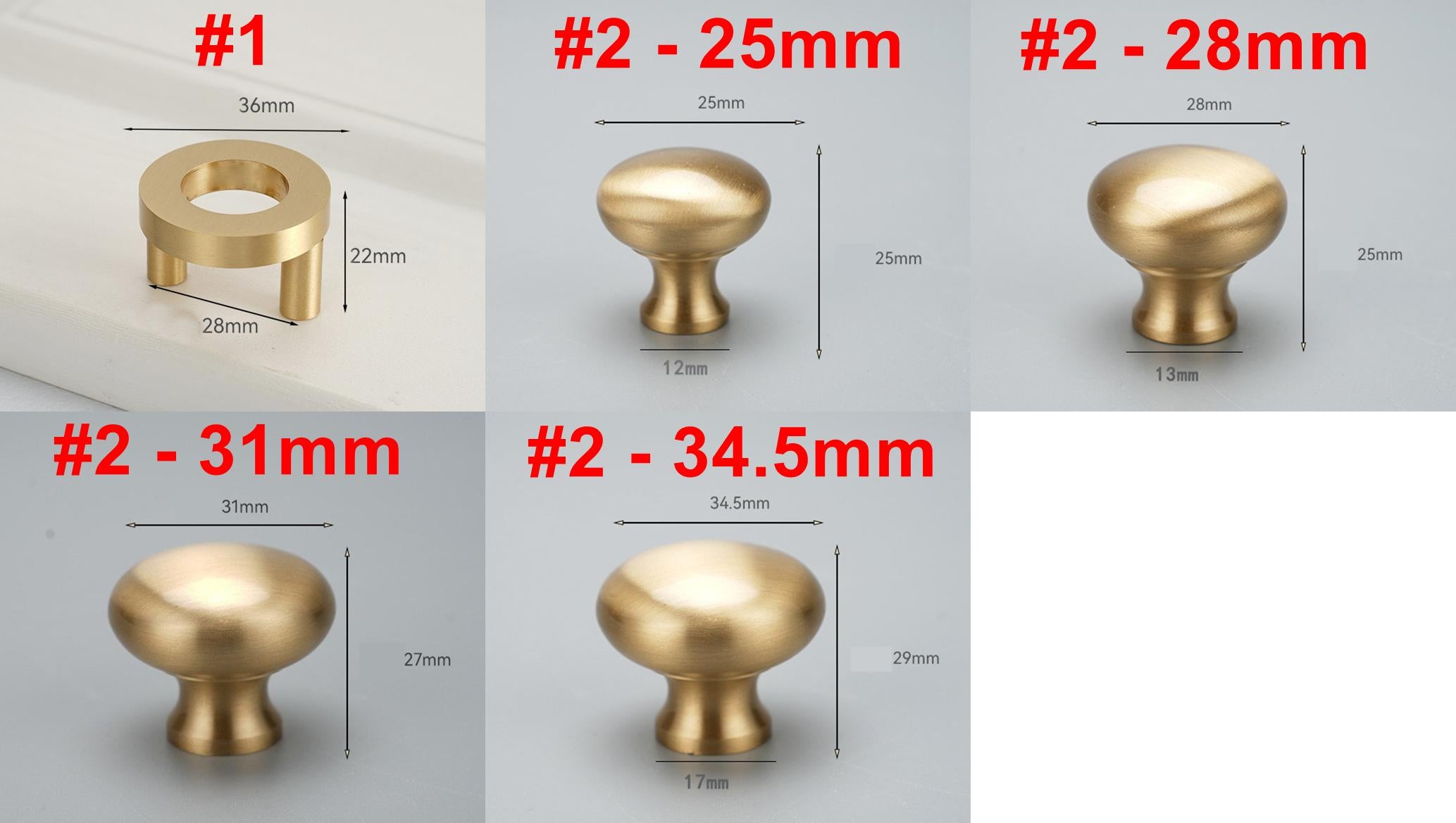 Solid Brass Round Cabinet Pulls & Knobs - Brushed Gold Finish - #2 - 25mm / 1pc