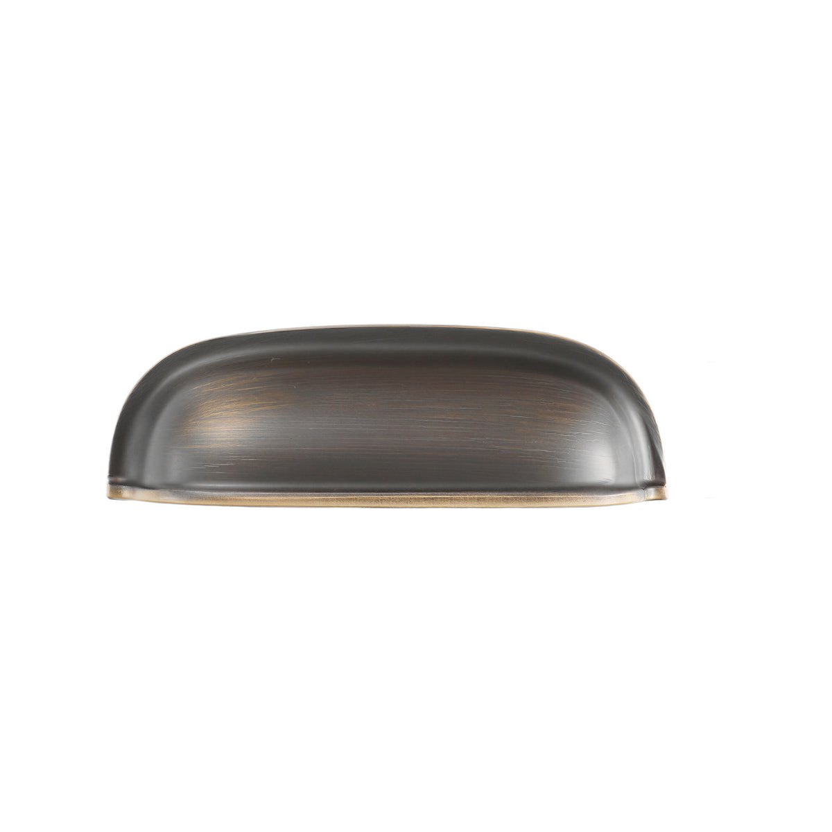 Solid brass rounded dome cup pull in Antique Bronze finish on a white background.