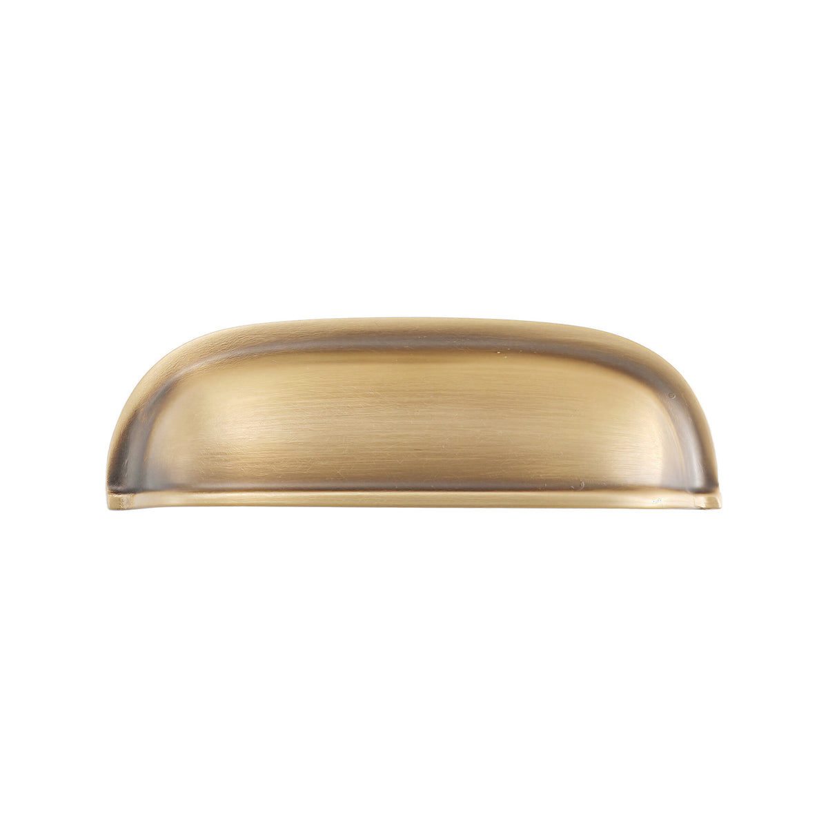 Solid brass rounded dome cup pull in Burnished Brass finish on a white background.