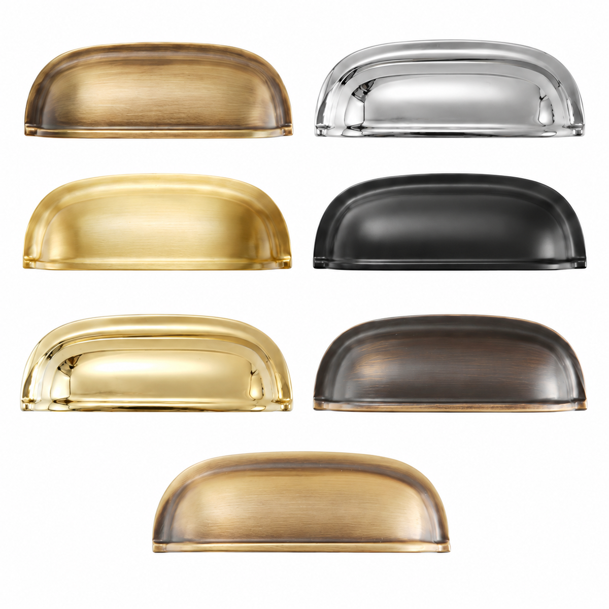 Seven solid brass rounded dome cup pulls in Aged Brass, Polished Chrome, Satin Brass, Matte Black, Polished Gold, Antique Bronze, and Burnished Brass finishes on a white background.