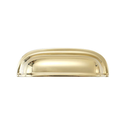 Solid brass rounded dome cup pull in Polished Gold finish on a white background.