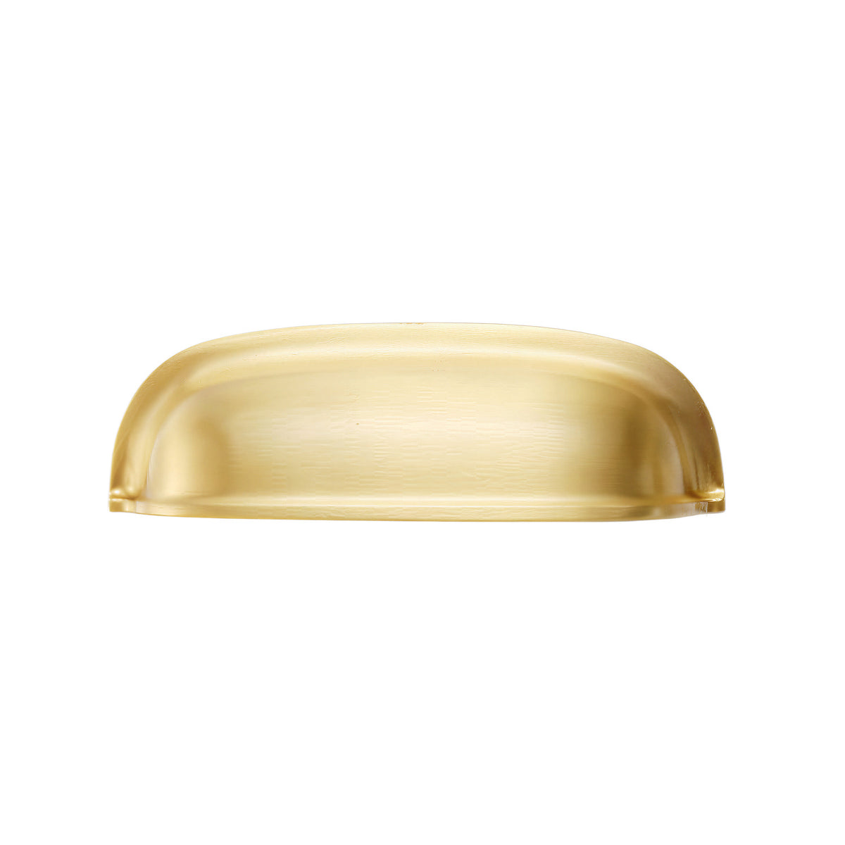 Solid brass rounded dome cup pull in Satin Brass finish on a white background.