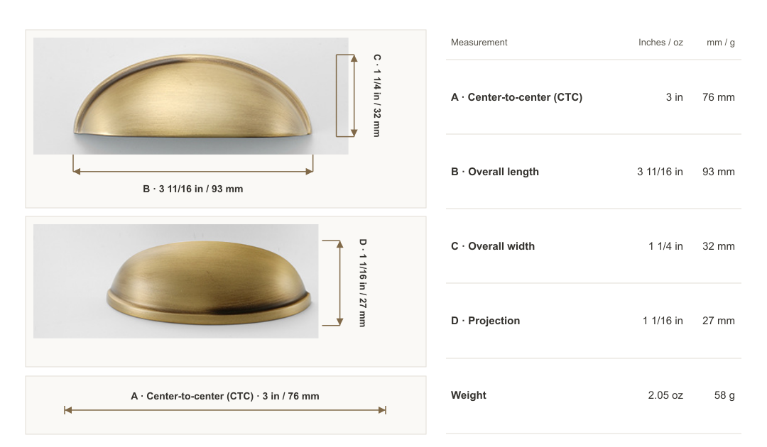 Burnished Brass Smooth Half-Moon Cup Pull dimensions: 3 in / 76 mm center-to-center