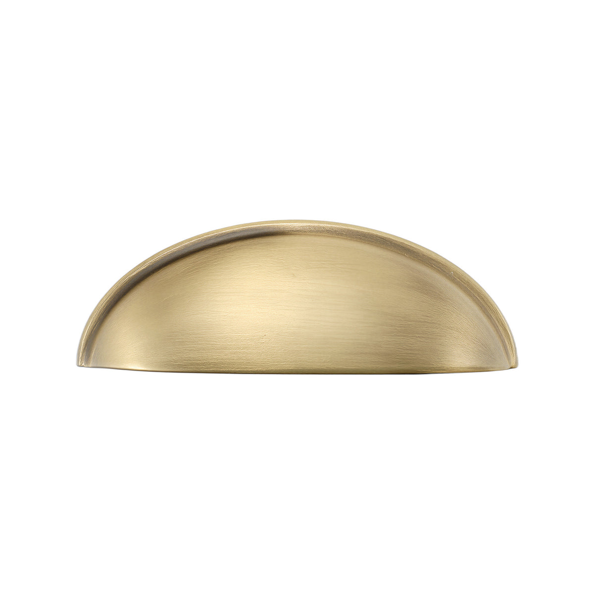 Solid brass half-moon cup pull in burnished brass, front view on white.