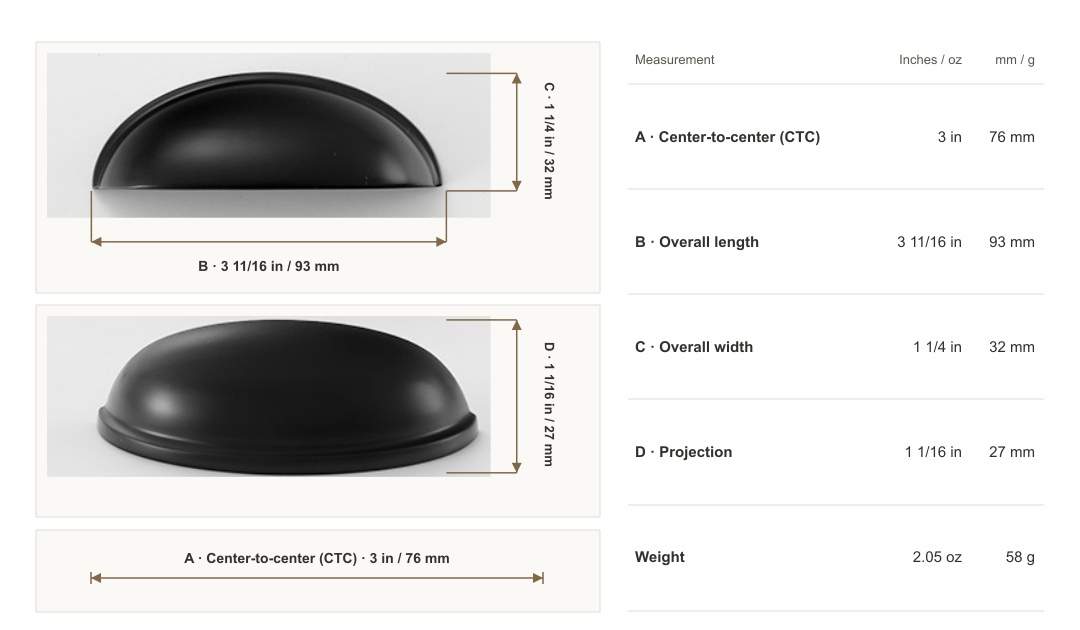 Matte Black Smooth Half-Moon Cup Pull dimensions: 3 in / 76 mm center-to-center