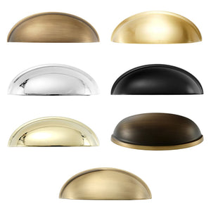 Solid Brass Smooth Half Moon Cup Pull - Available finishes: Aged Brass, Satin Brass, Polished Chrome, Matte Black, Polished Gold, Antique Bronze, and Burnished Brass