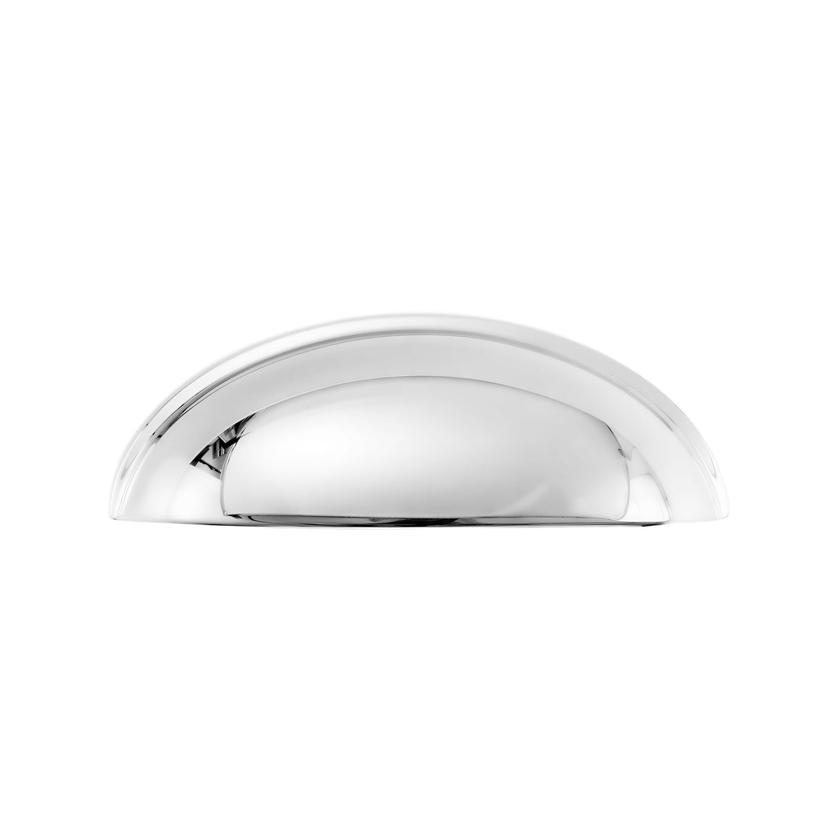 Solid brass half-moon cup pull in polished chrome, front view on white.