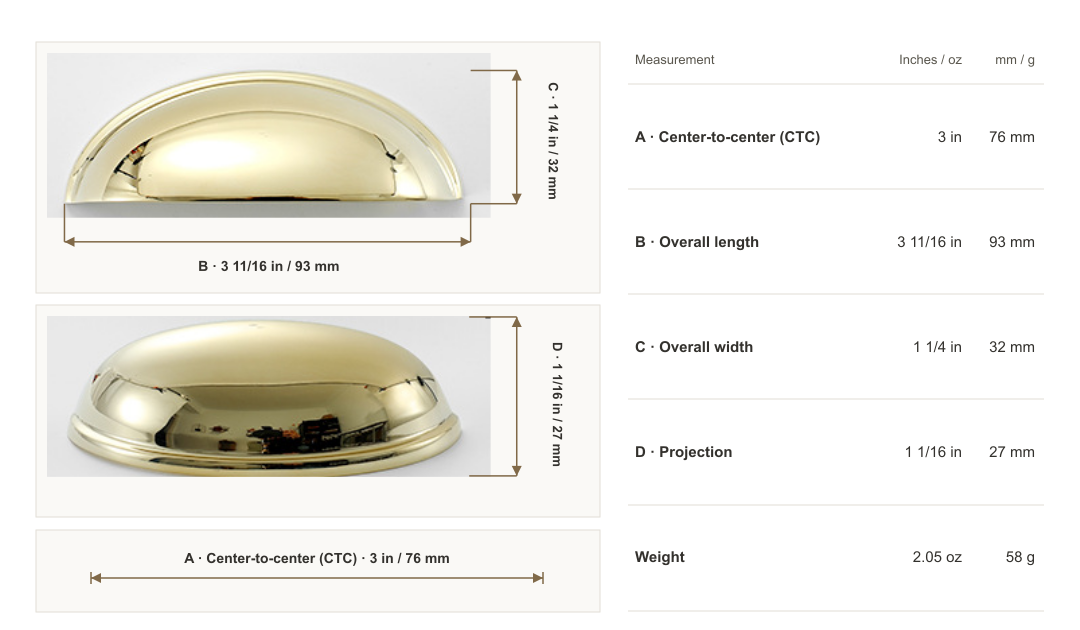Polished Gold Smooth Half-Moon Cup Pull dimensions: 3 in / 76 mm center-to-center