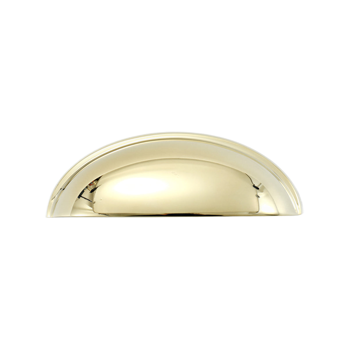 Solid brass half-moon cup pull in polished gold, front view on white.