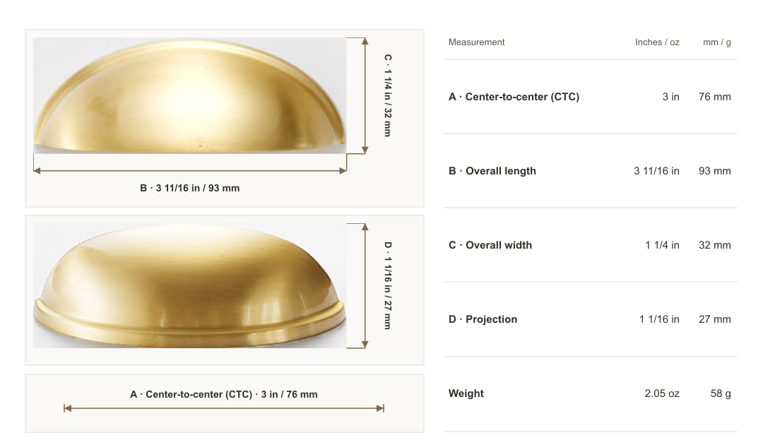 Satin Brass Smooth Half-Moon Cup Pull dimensions: 3 in / 76 mm center-to-center