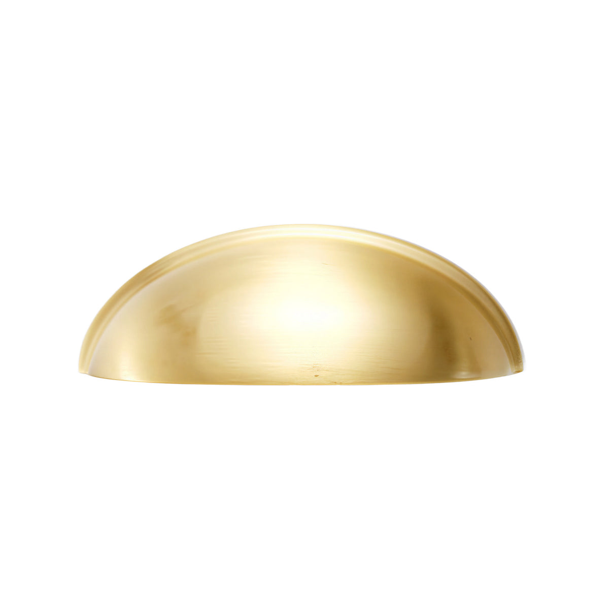 Solid brass half-moon cup pull in satin brass, front view on white.