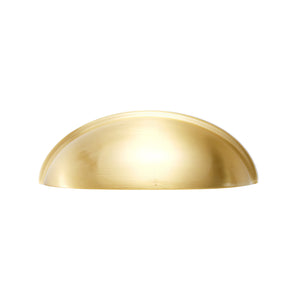 Solid brass half-moon cup pull in satin brass, front view on white.