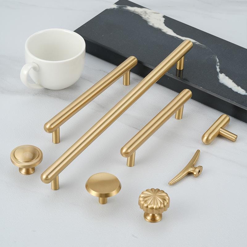 Solid Brass Square Cabinet Pulls & Knobs - Brushed Gold Finish - #1 / 1pc