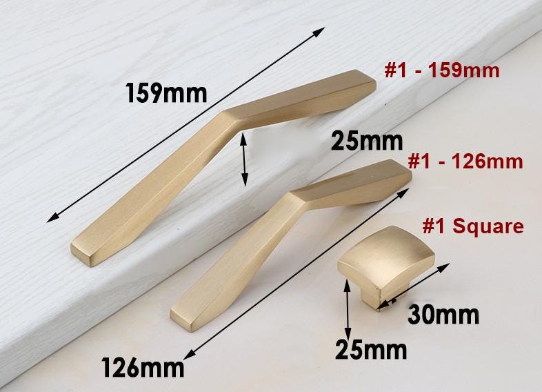 Solid Brass Square Cabinet Pulls & Knobs - Brushed Gold Finish - #1 - 126mm / 1pc