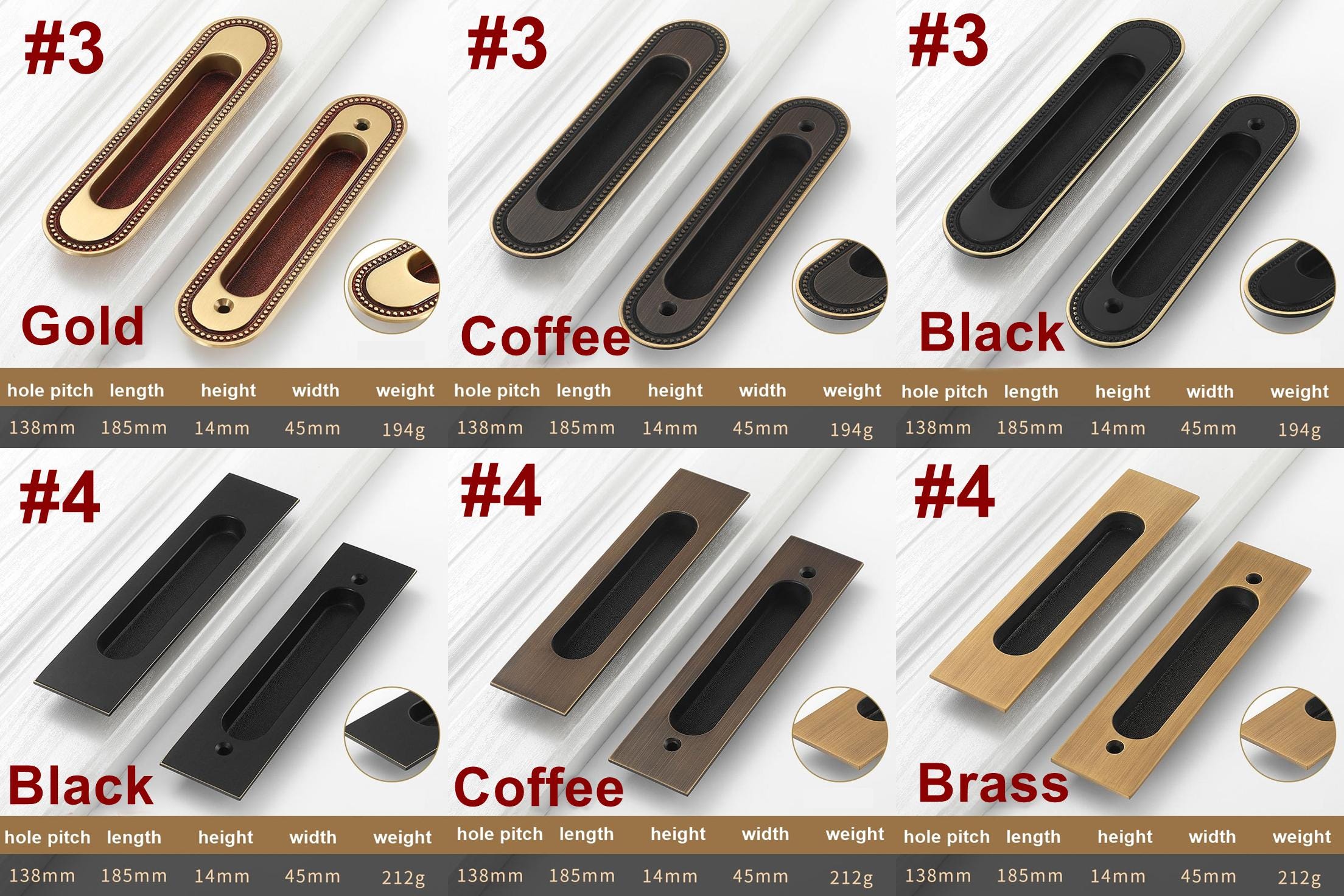Solid Brass Wood Flush Cabinet Pulls - Brushed Gold Finish Hardware - #3 Black / 1pc