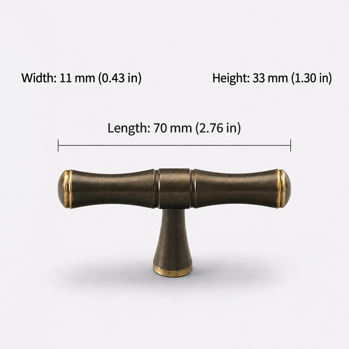 Measurements for segmented dark antique brass T-bar cabinet pull with gold rings, style #11.